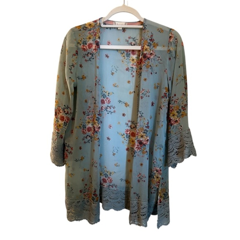 Altar’d State Blue Mint Floral Crochet Trim Cardigan XS,Mesh chiffon poly